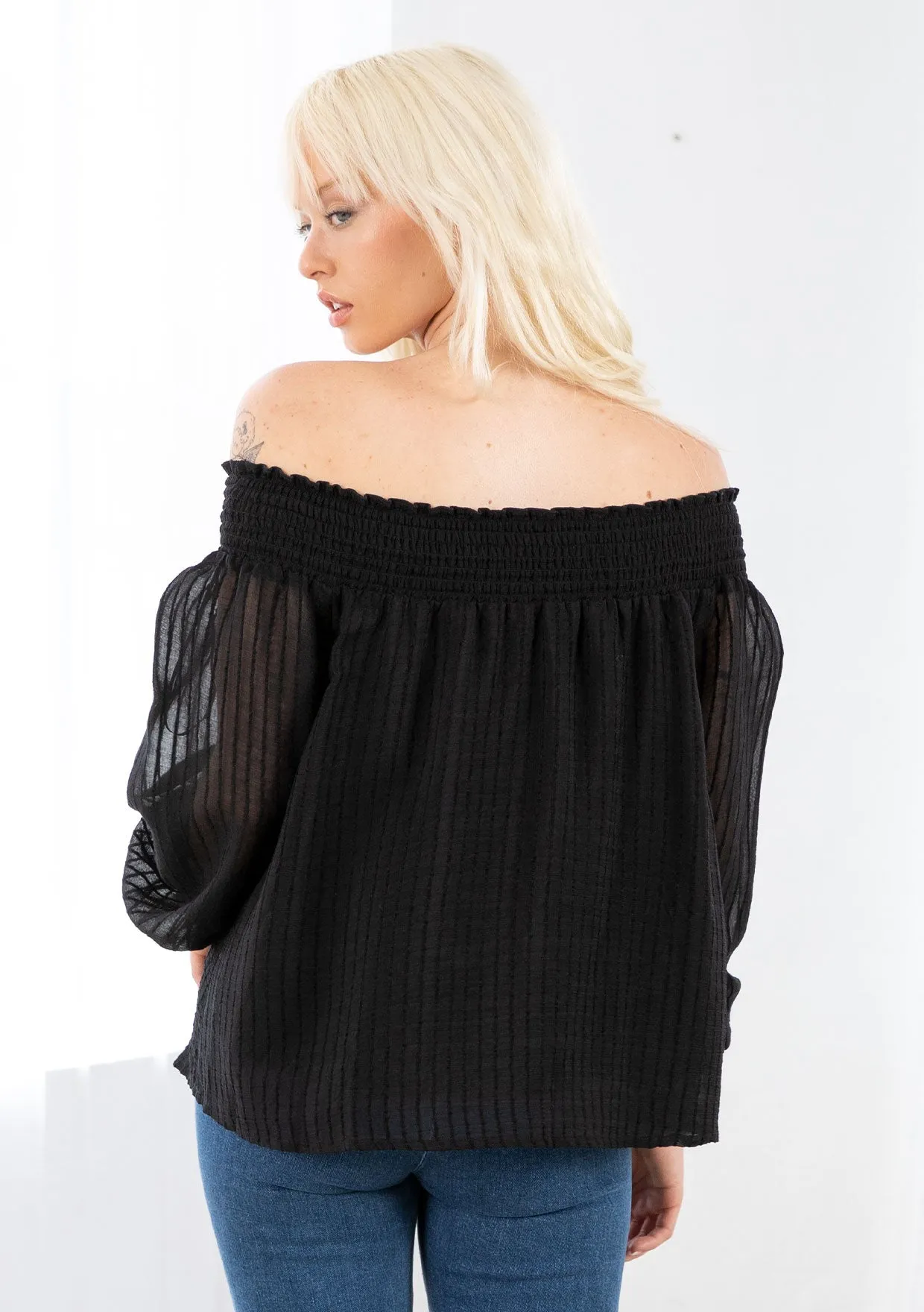 Smocked Off Shoulder 3/4 Sleeve Boho Blouse