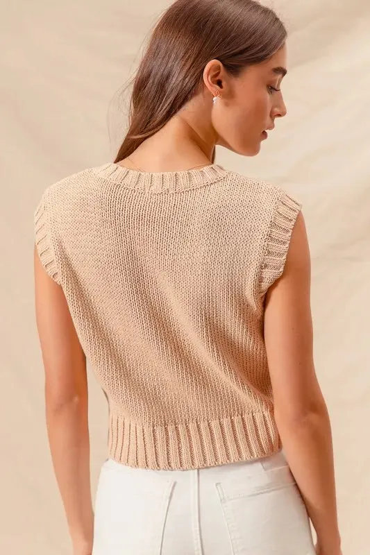 SO ME Notched Neck Cable Knit Sweater Vest