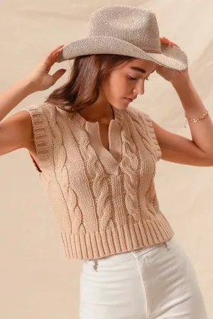SO ME Notched Neck Cable Knit Sweater Vest