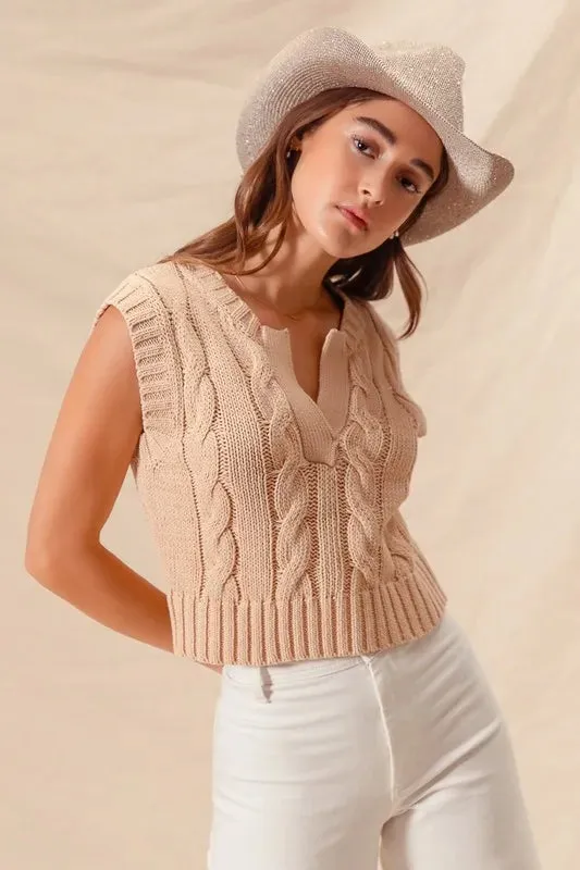SO ME Notched Neck Cable Knit Sweater Vest