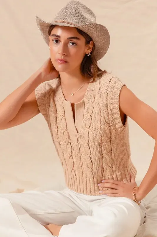 SO ME Notched Neck Cable Knit Sweater Vest