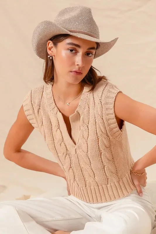 SO ME Notched Neck Cable Knit Sweater Vest
