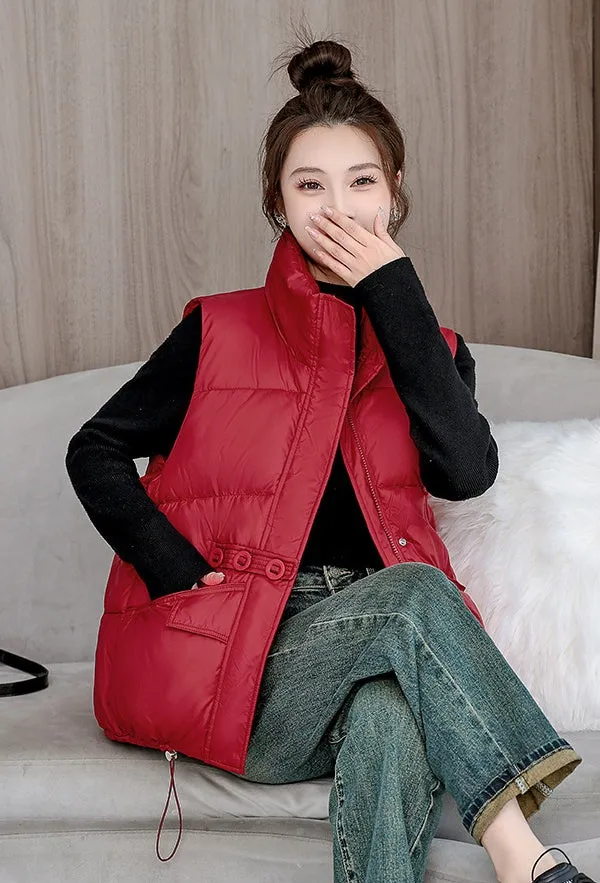 Solid Color Windproof Puffer Vest with Drawstring Hem