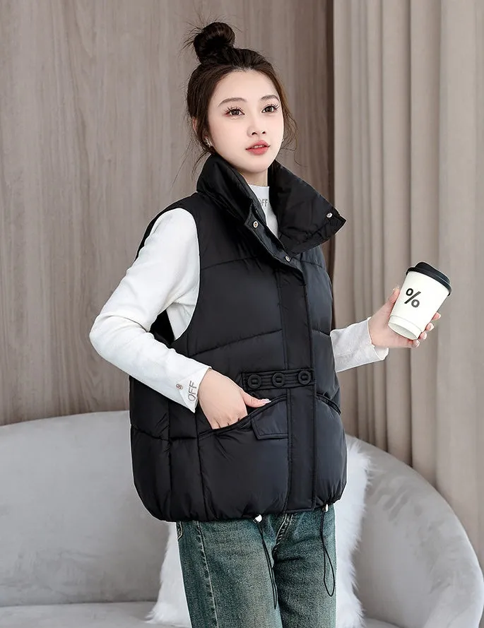 Solid Color Windproof Puffer Vest with Drawstring Hem
