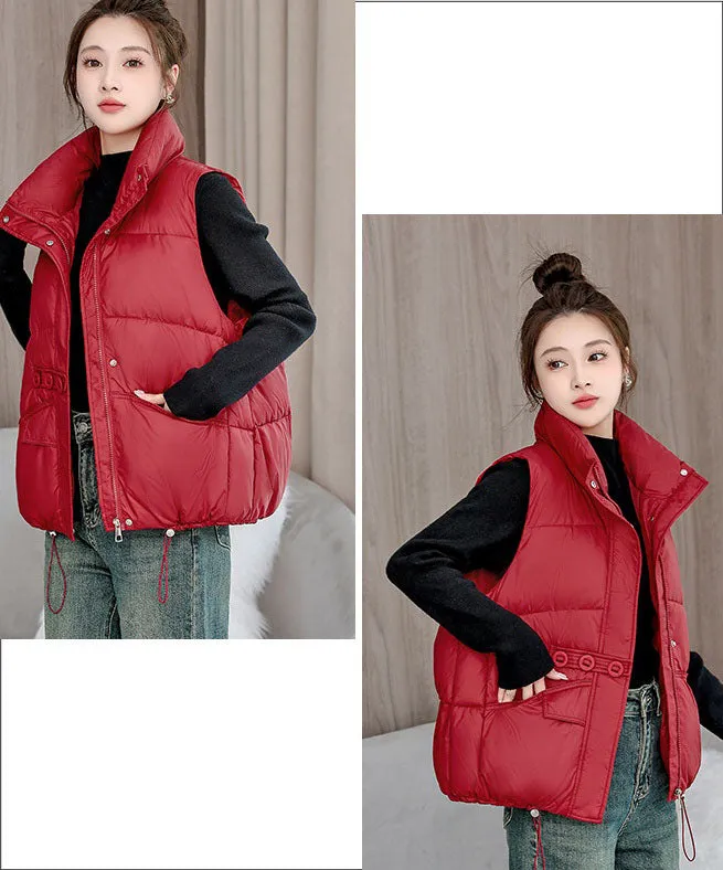 Solid Color Windproof Puffer Vest with Drawstring Hem