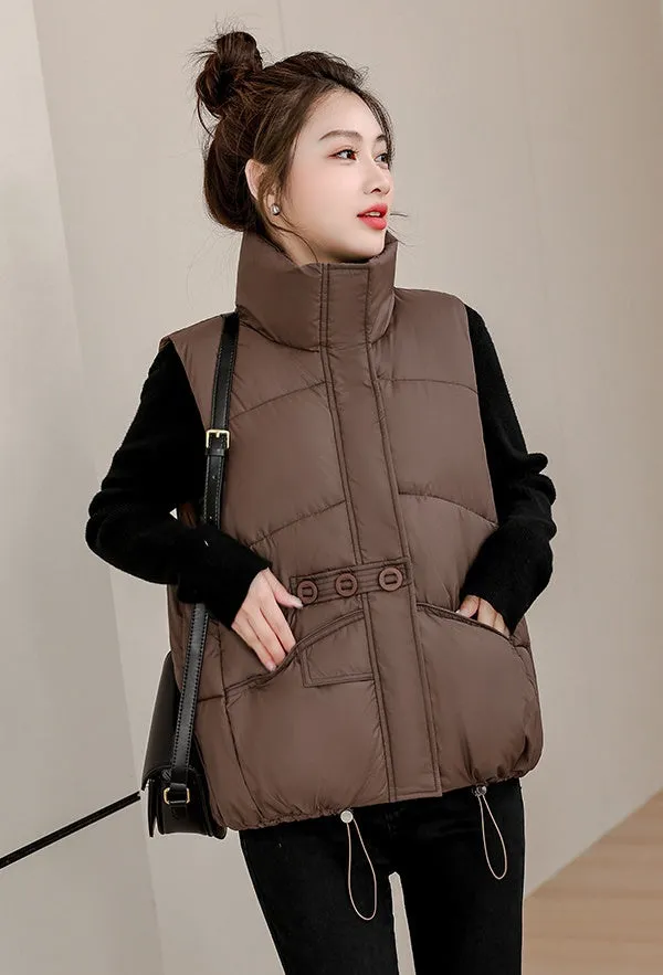 Solid Color Windproof Puffer Vest with Drawstring Hem