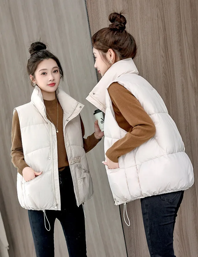 Solid Color Windproof Puffer Vest with Drawstring Hem