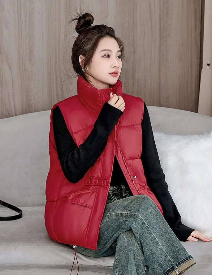 Solid Color Windproof Puffer Vest with Drawstring Hem
