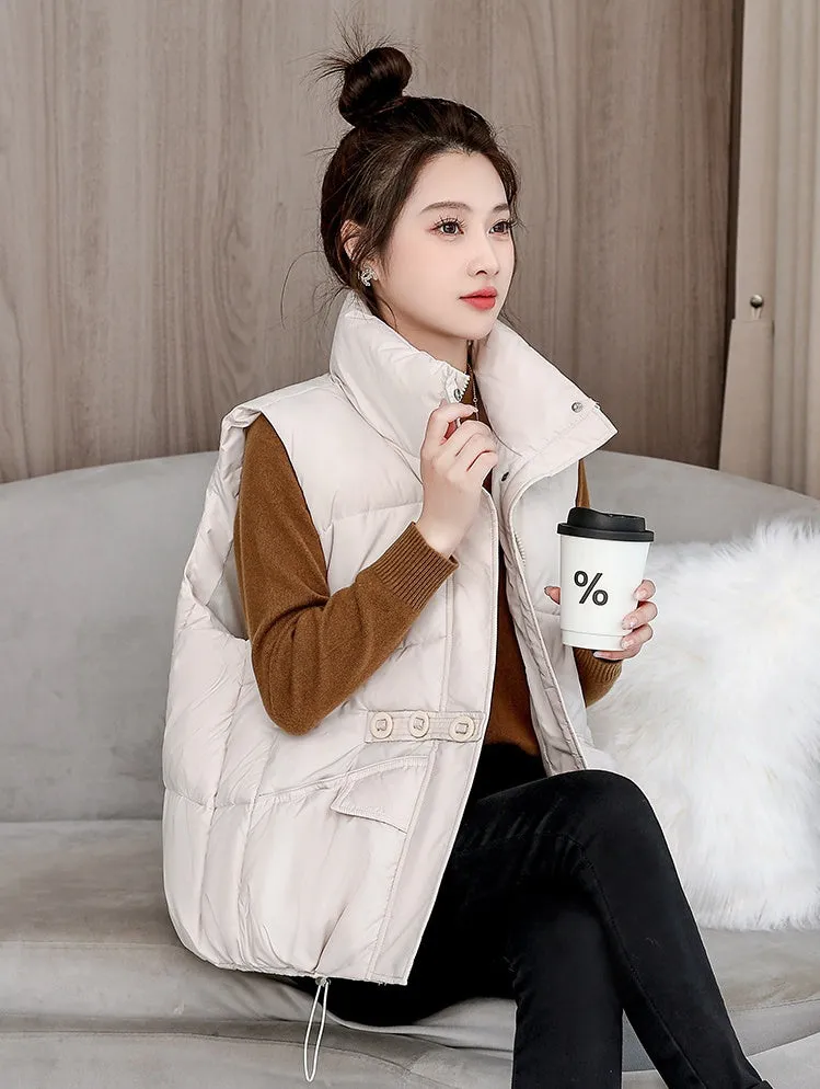 Solid Color Windproof Puffer Vest with Drawstring Hem