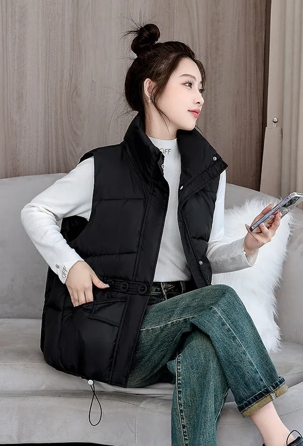 Solid Color Windproof Puffer Vest with Drawstring Hem