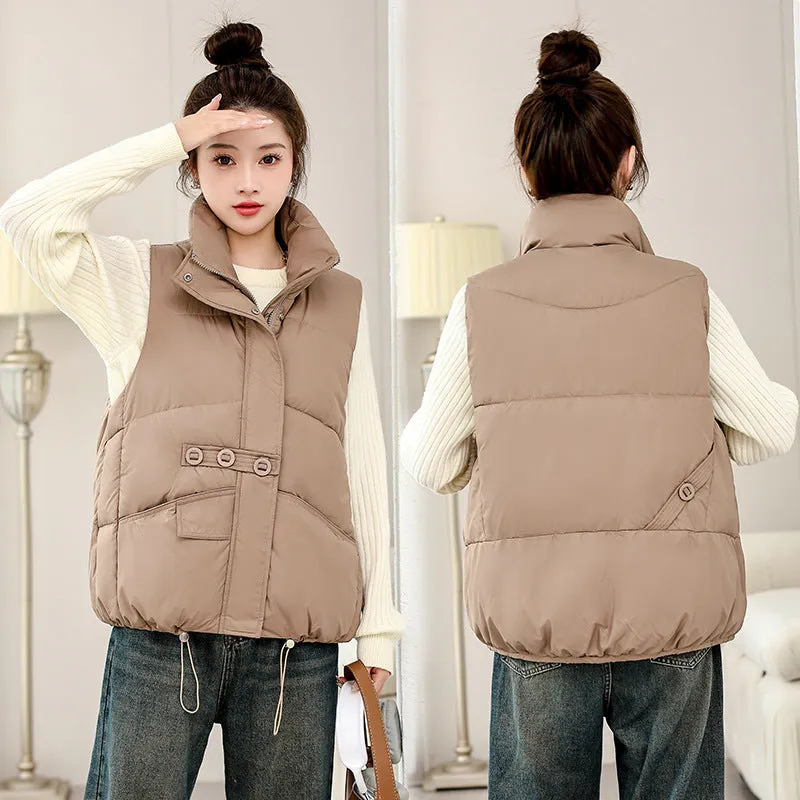 Solid Color Windproof Puffer Vest with Drawstring Hem