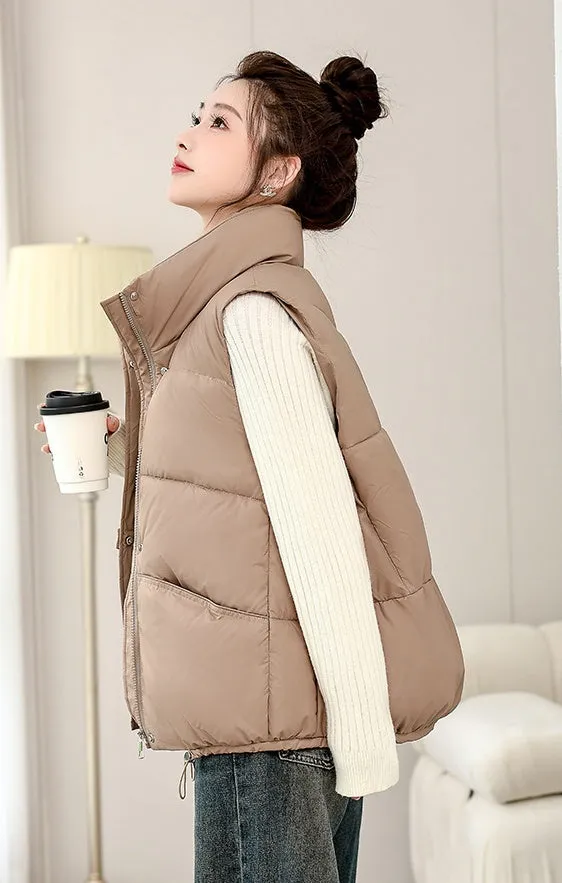 Solid Color Windproof Puffer Vest with Drawstring Hem