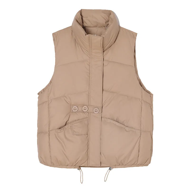 Solid Color Windproof Puffer Vest with Drawstring Hem