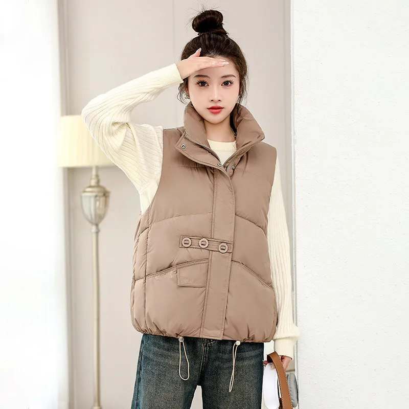 Solid Color Windproof Puffer Vest with Drawstring Hem