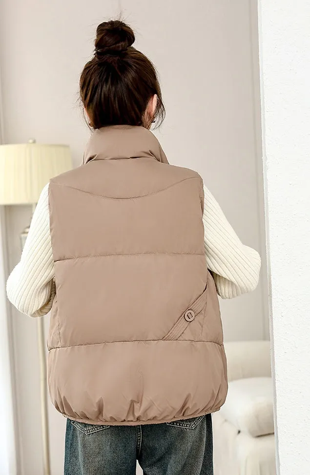 Solid Color Windproof Puffer Vest with Drawstring Hem
