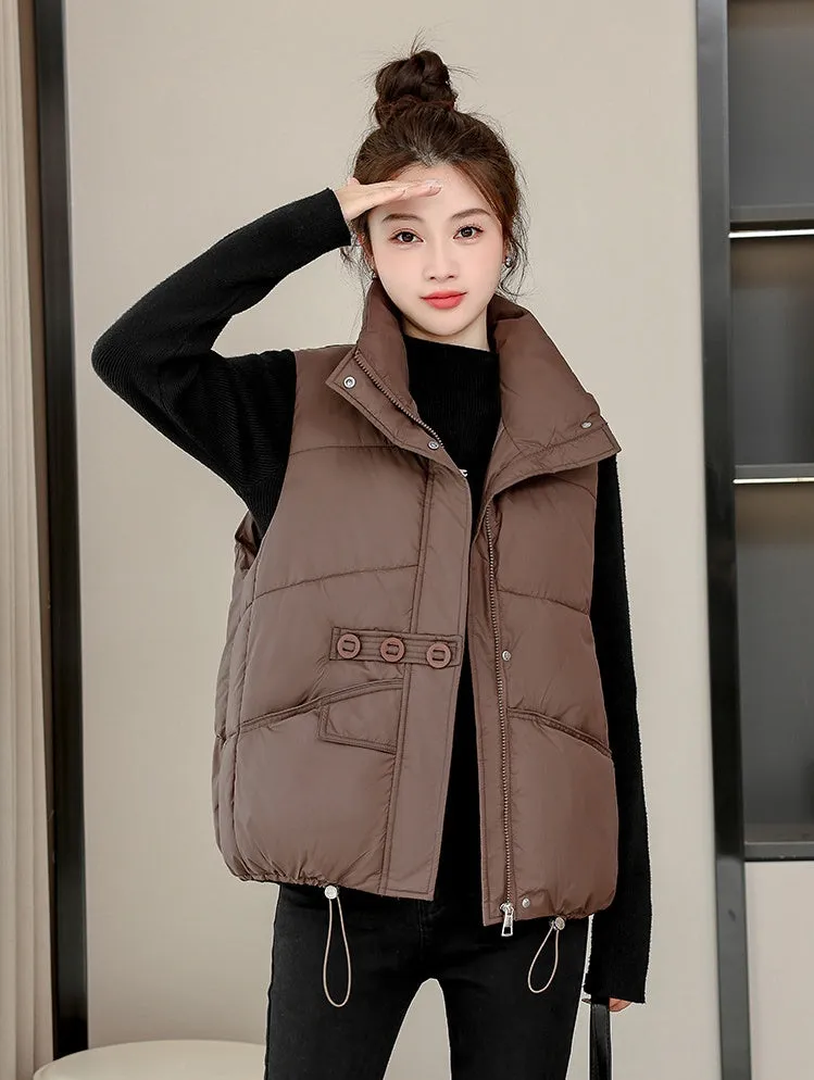 Solid Color Windproof Puffer Vest with Drawstring Hem