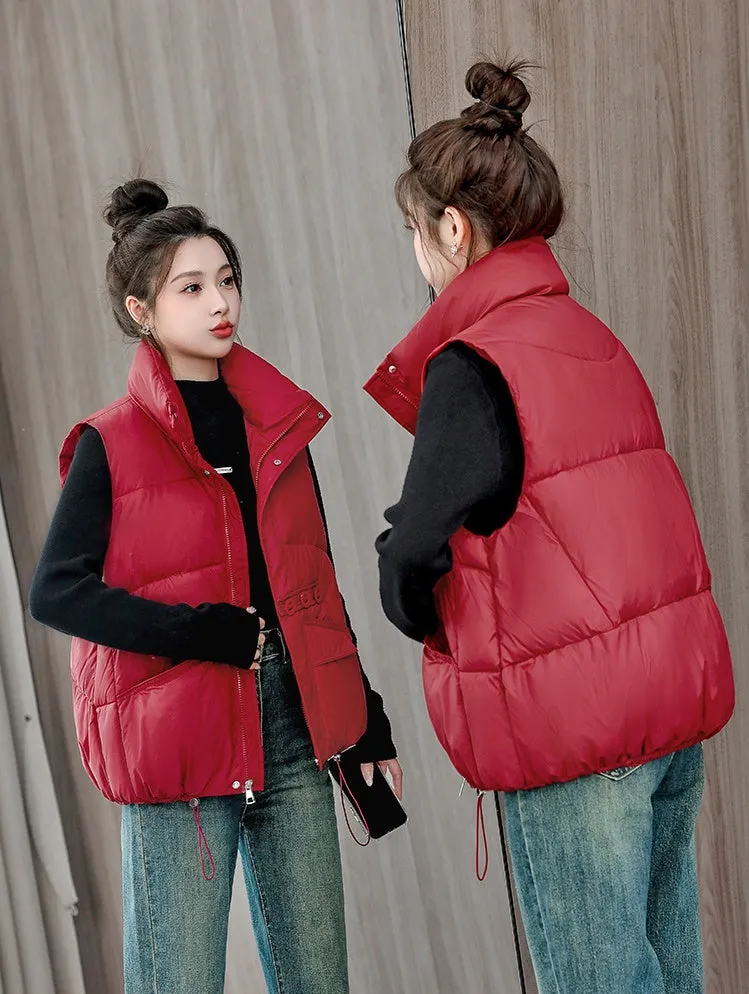 Solid Color Windproof Puffer Vest with Drawstring Hem