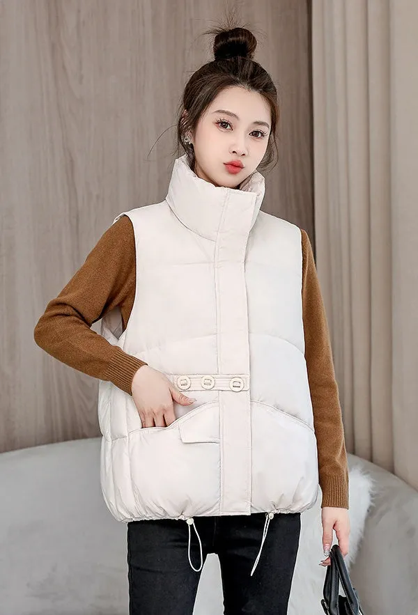 Solid Color Windproof Puffer Vest with Drawstring Hem