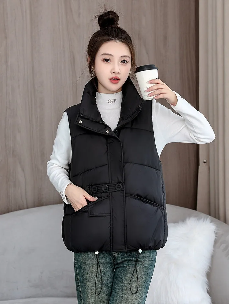 Solid Color Windproof Puffer Vest with Drawstring Hem