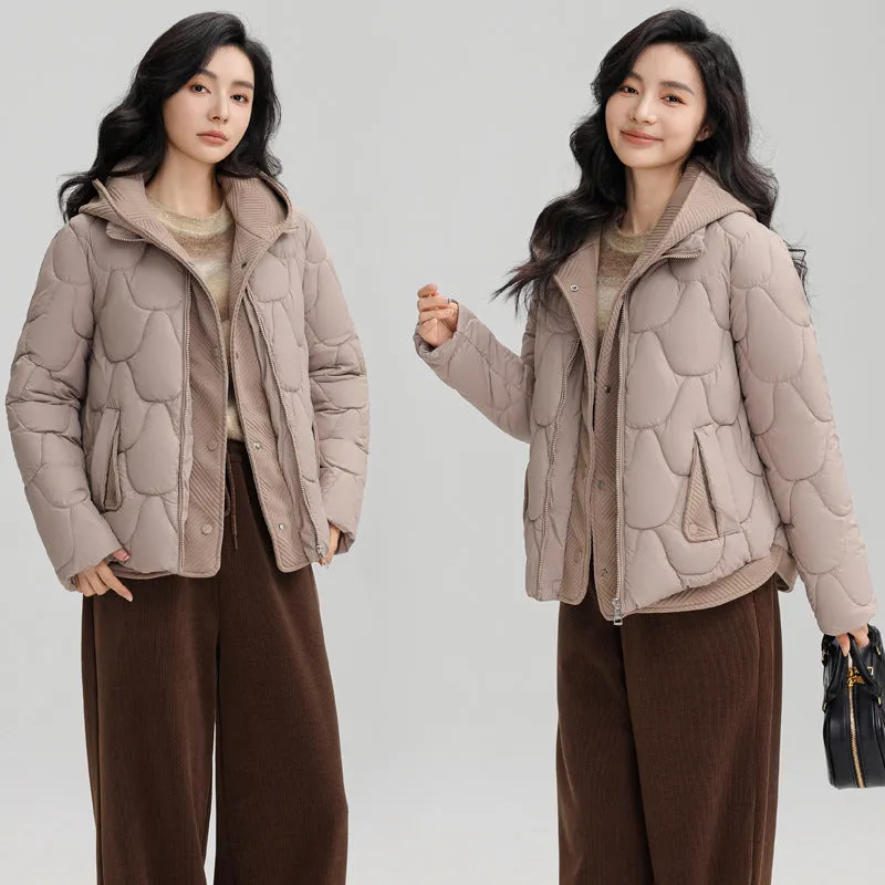 Solid Padded Zip-up Jacket for Women with a Faux Two-Piece Look