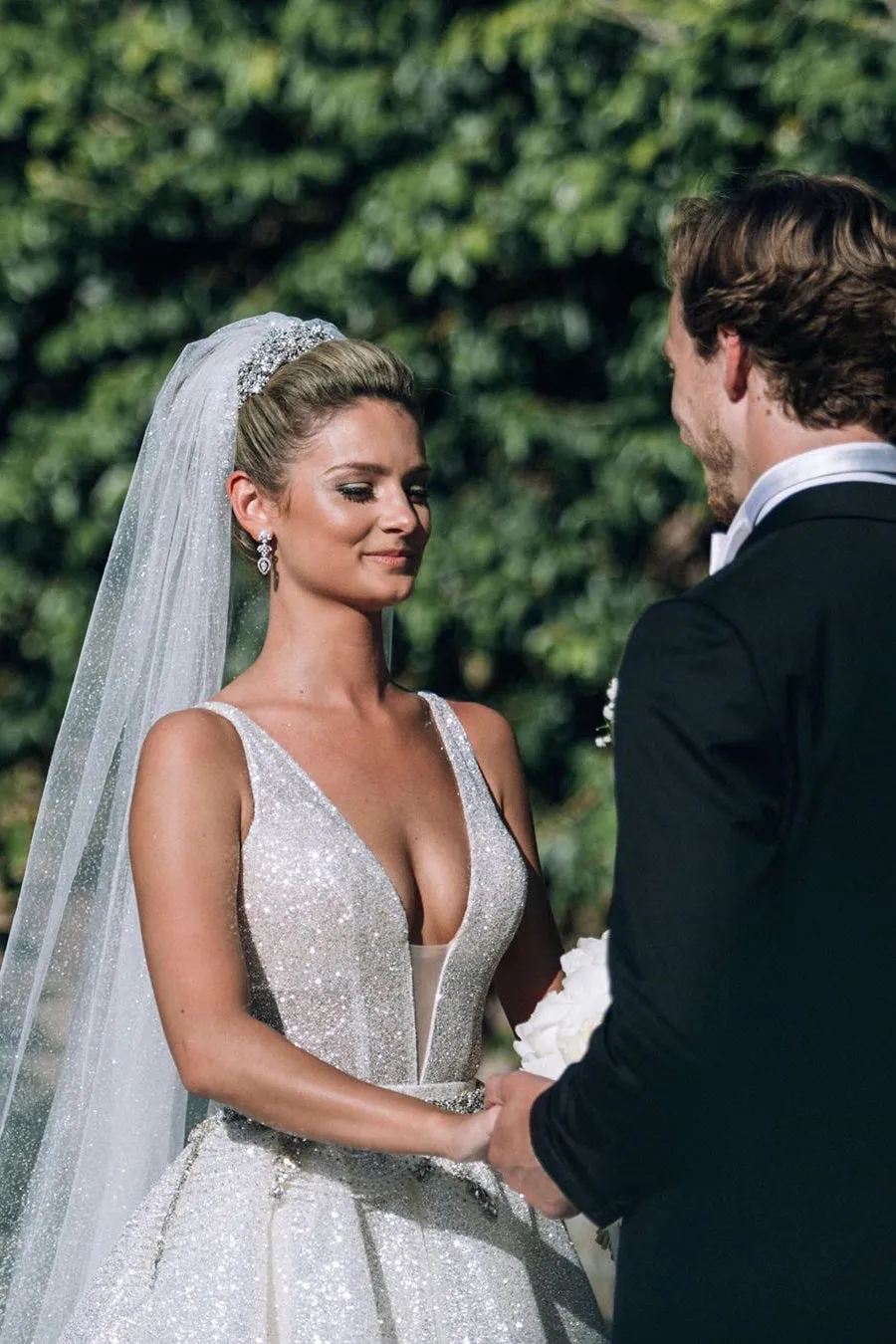 Sparkly A-line Long Deep V-Neck Princess White Wedding Dress