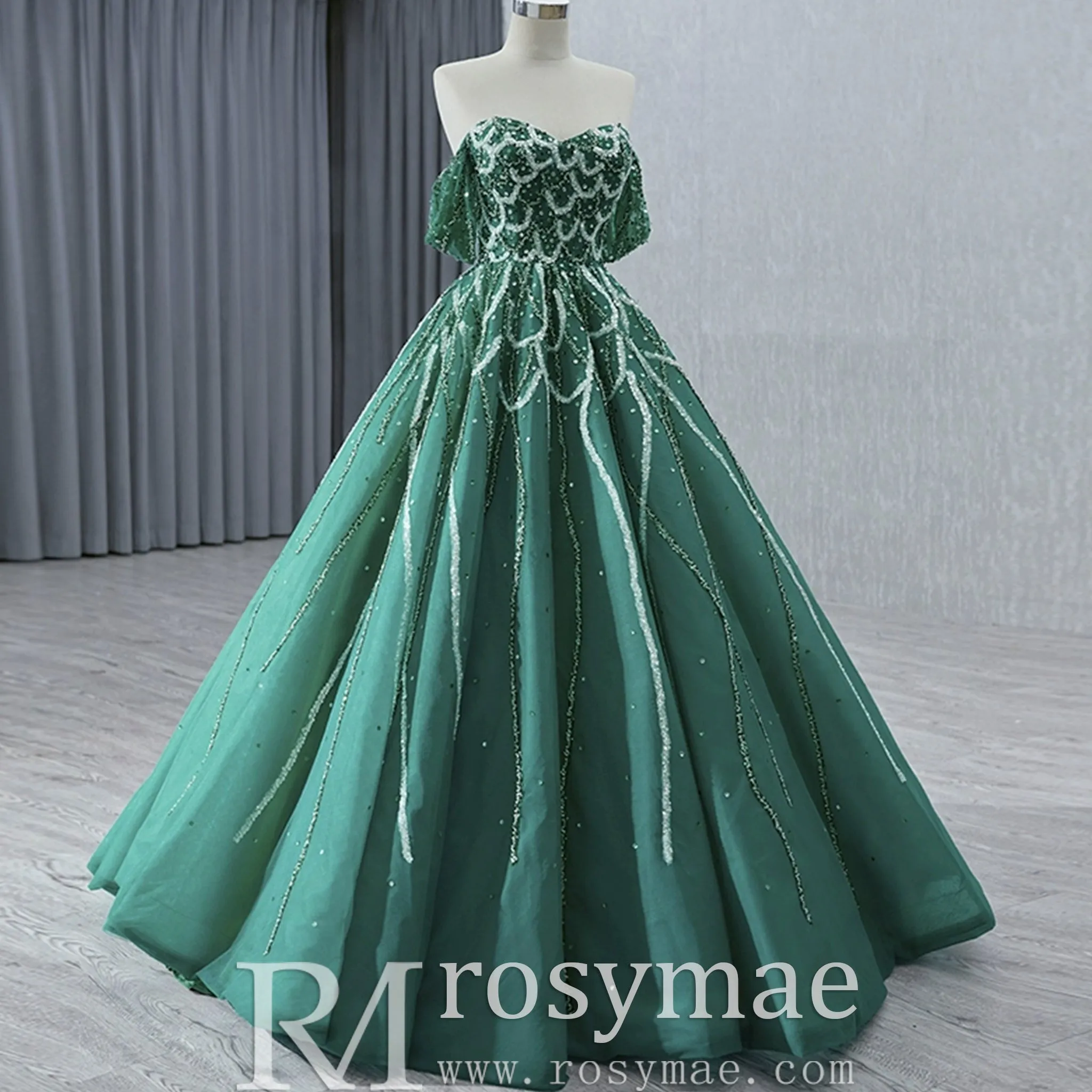 Spring Green Beaded Wedding Dress Off the Shoulder Quinceanera Gown