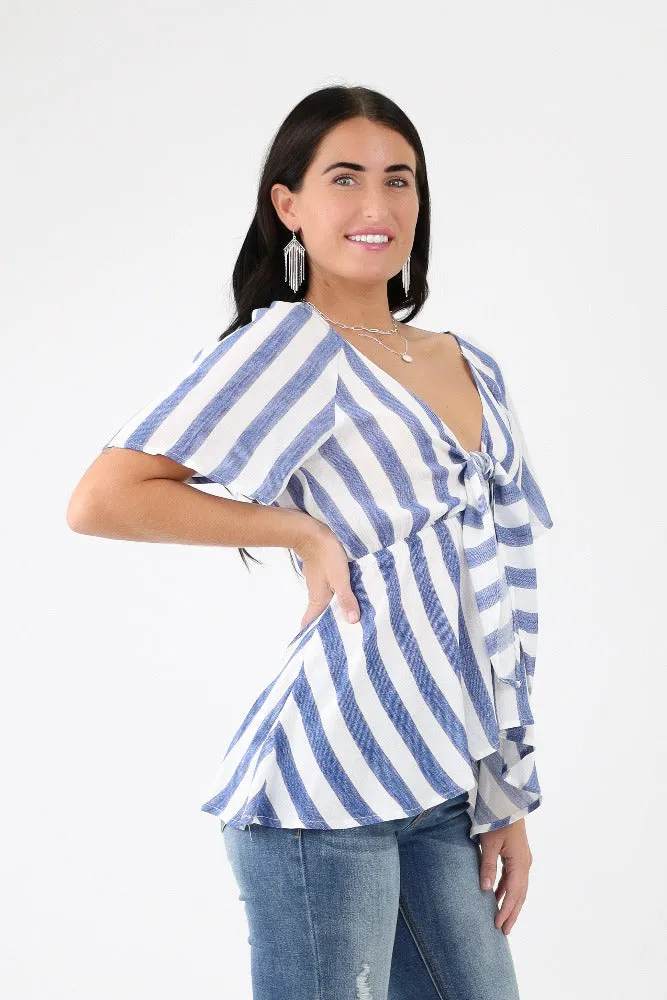 Striped Woven Front Tie Top -Blue
