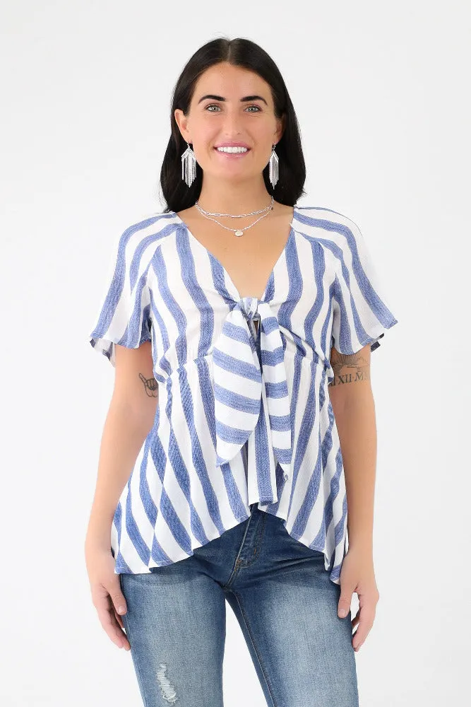 Striped Woven Front Tie Top -Blue