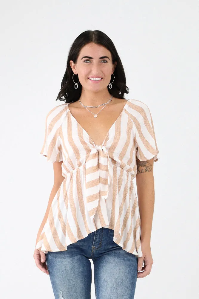 Striped Woven Front Tie Top -Blue