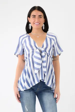 Striped Woven Front Tie Top -Blue