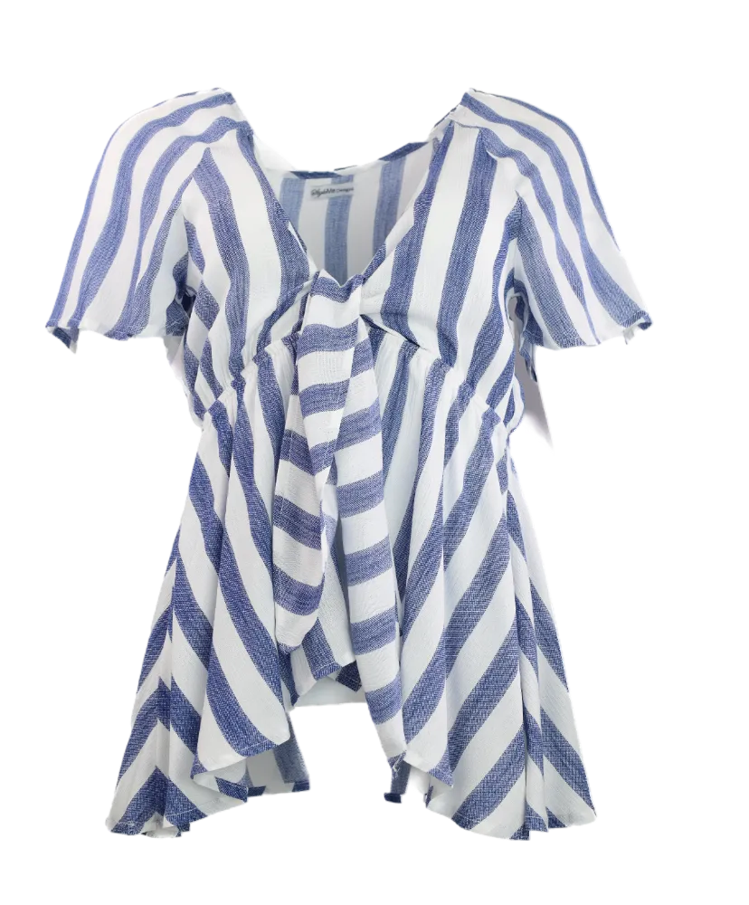Striped Woven Front Tie Top -Blue