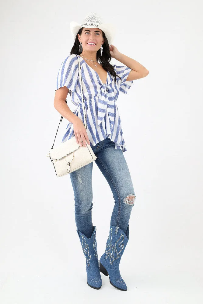Striped Woven Front Tie Top -Blue