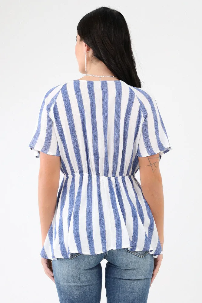 Striped Woven Front Tie Top -Blue