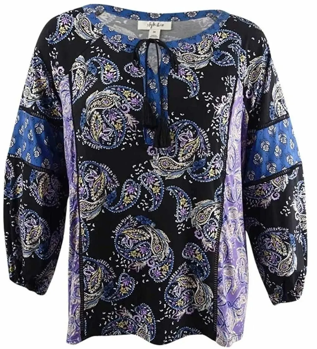 Style & Co Black Printed Split Neck Long Sleeve Top,Size XL