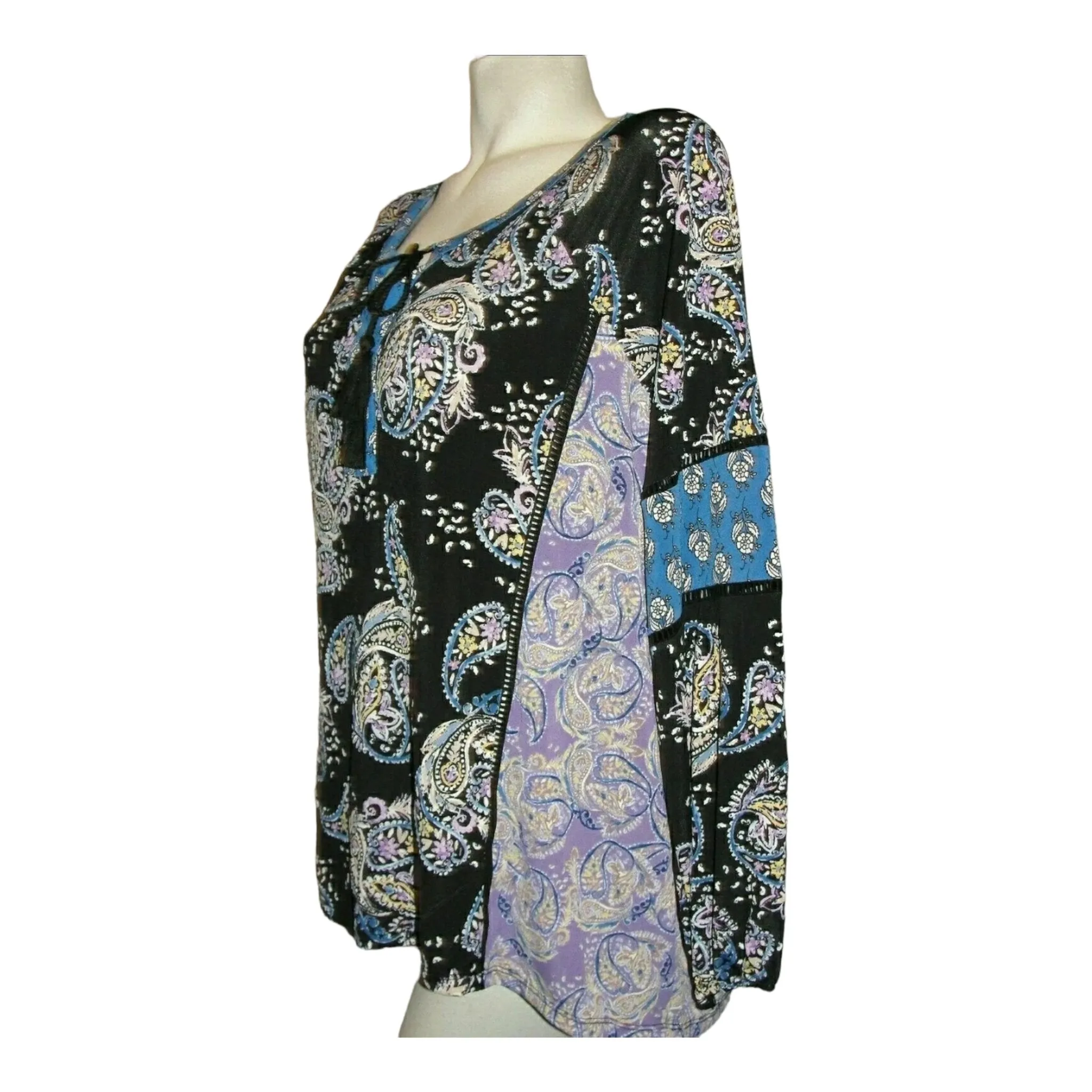 Style & Co Black Printed Split Neck Long Sleeve Top,Size XL