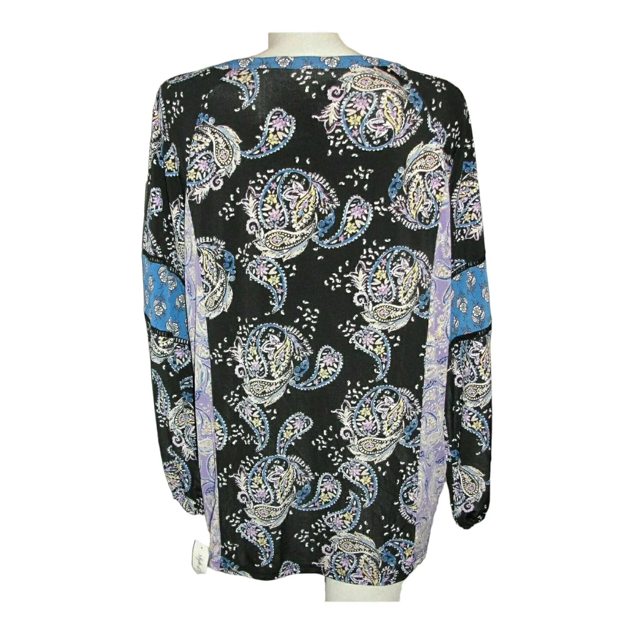 Style & Co Black Printed Split Neck Long Sleeve Top,Size XL