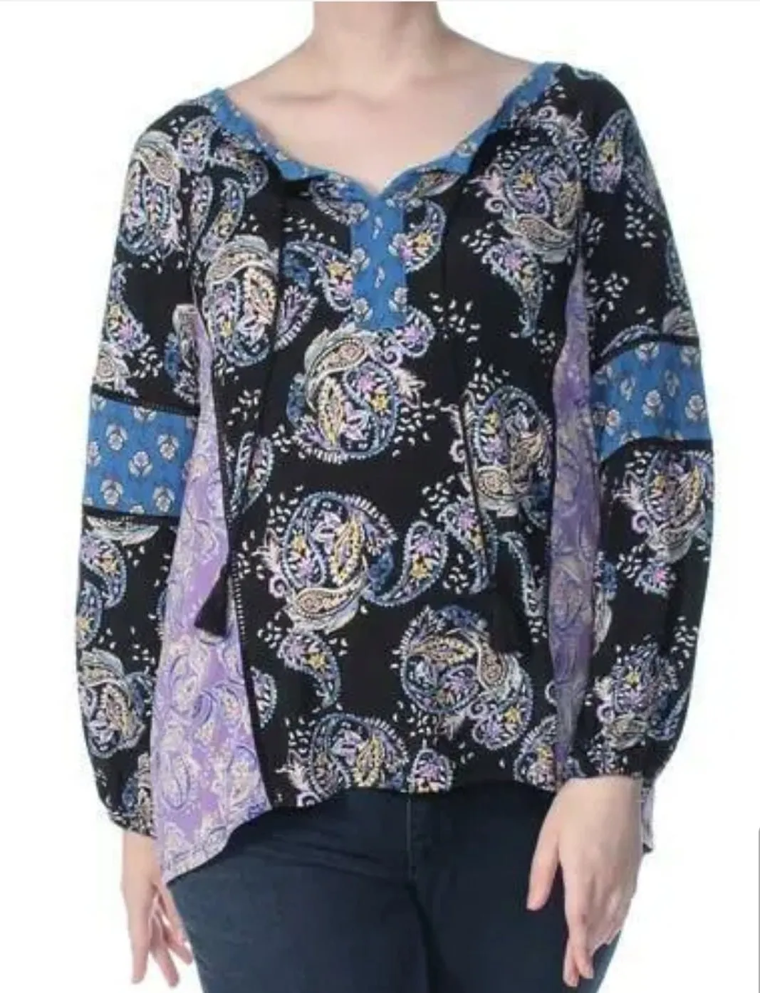 Style & Co Black Printed Split Neck Long Sleeve Top,Size XL