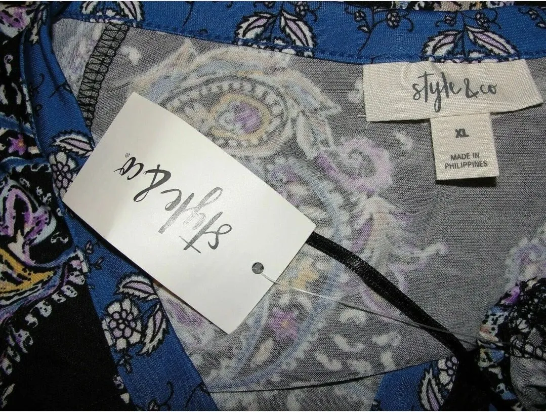 Style & Co Black Printed Split Neck Long Sleeve Top,Size XL