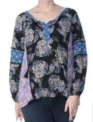 Style & Co Black Printed Split Neck Long Sleeve Top,Size XL