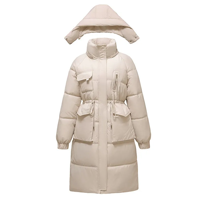 Stylish Knee-Length Puffer Coat for Women Featuring Cargo Patch Pockets