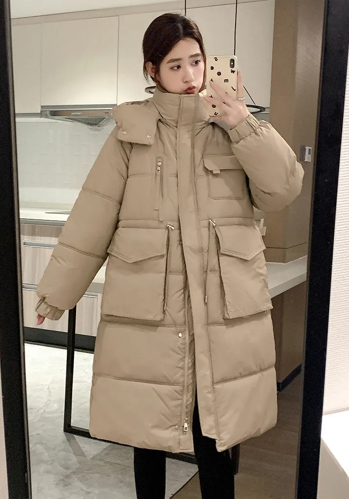 Stylish Knee-Length Puffer Coat for Women Featuring Cargo Patch Pockets