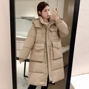 Stylish Knee-Length Puffer Coat for Women Featuring Cargo Patch Pockets