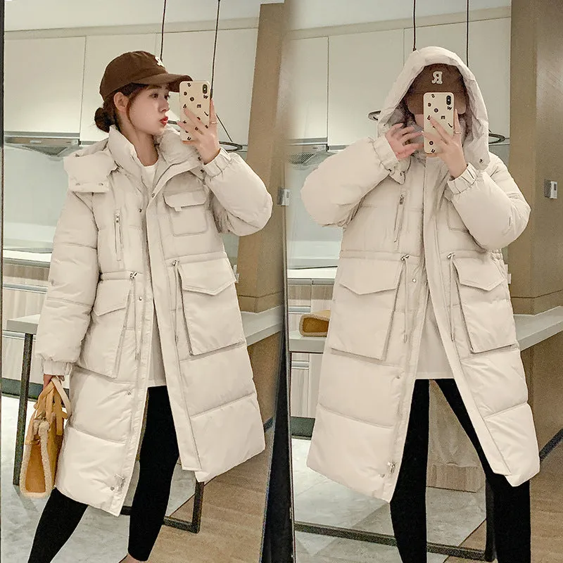 Stylish Knee-Length Puffer Coat for Women Featuring Cargo Patch Pockets