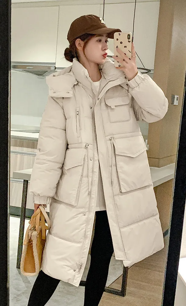 Stylish Knee-Length Puffer Coat for Women Featuring Cargo Patch Pockets