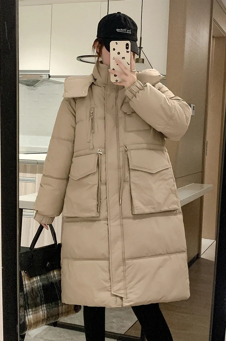Stylish Knee-Length Puffer Coat for Women Featuring Cargo Patch Pockets