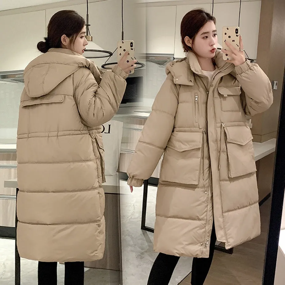 Stylish Knee-Length Puffer Coat for Women Featuring Cargo Patch Pockets