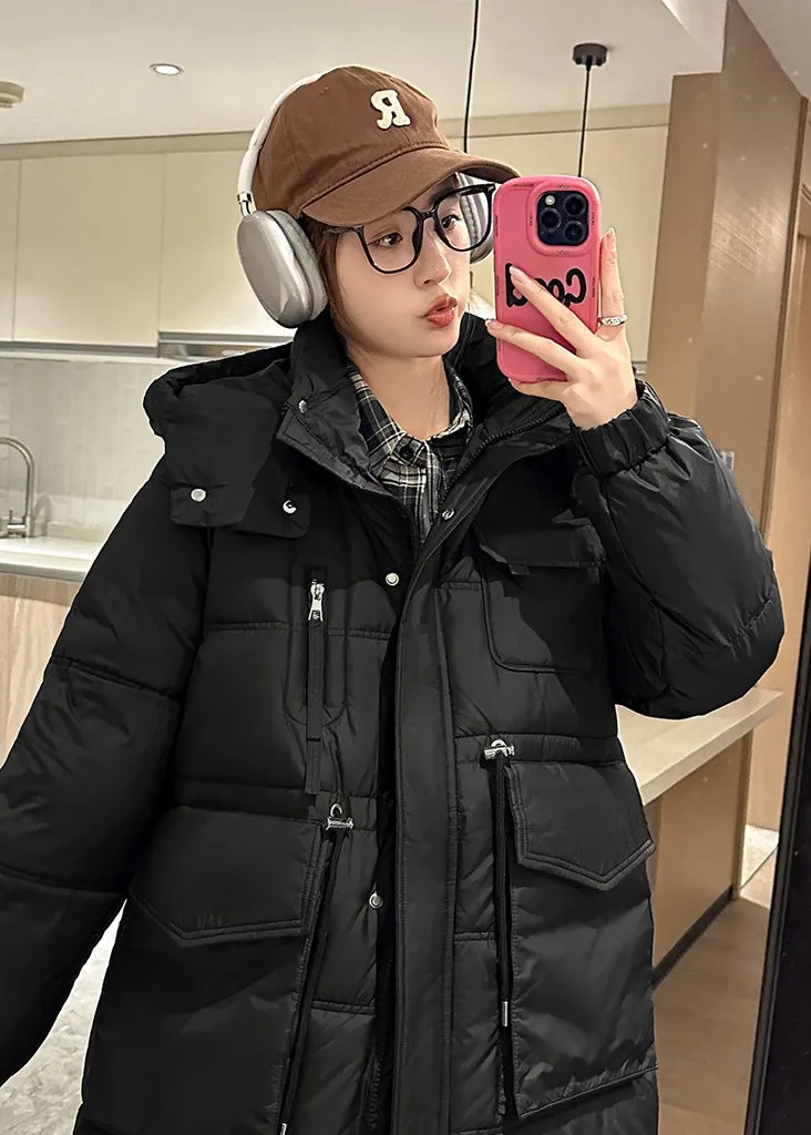 Stylish Knee-Length Puffer Coat for Women Featuring Cargo Patch Pockets