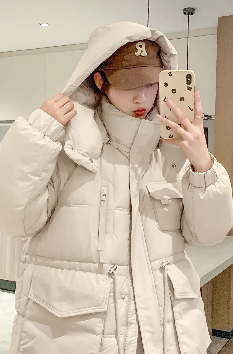 Stylish Knee-Length Puffer Coat for Women Featuring Cargo Patch Pockets