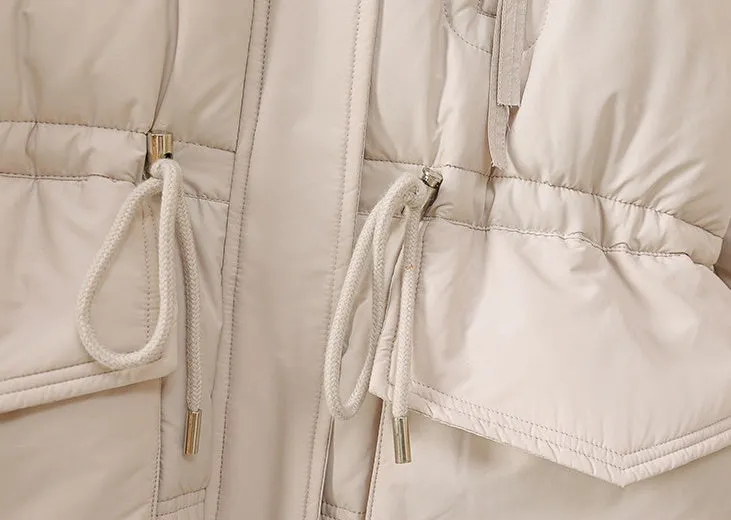 Stylish Knee-Length Puffer Coat for Women Featuring Cargo Patch Pockets