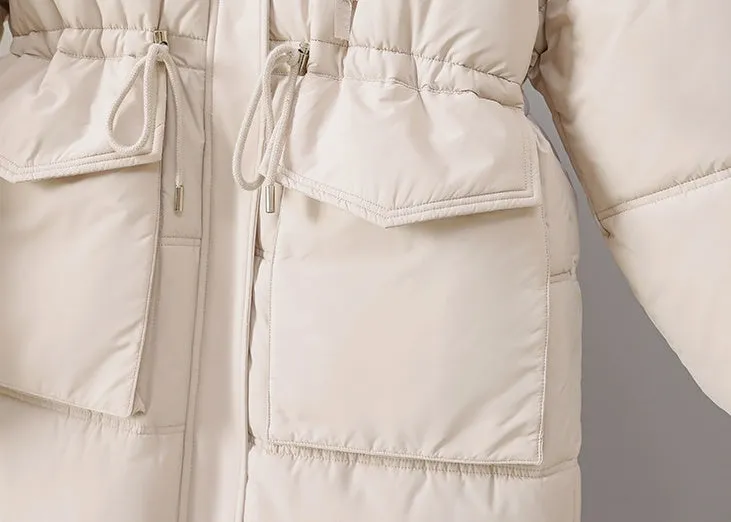 Stylish Knee-Length Puffer Coat for Women Featuring Cargo Patch Pockets